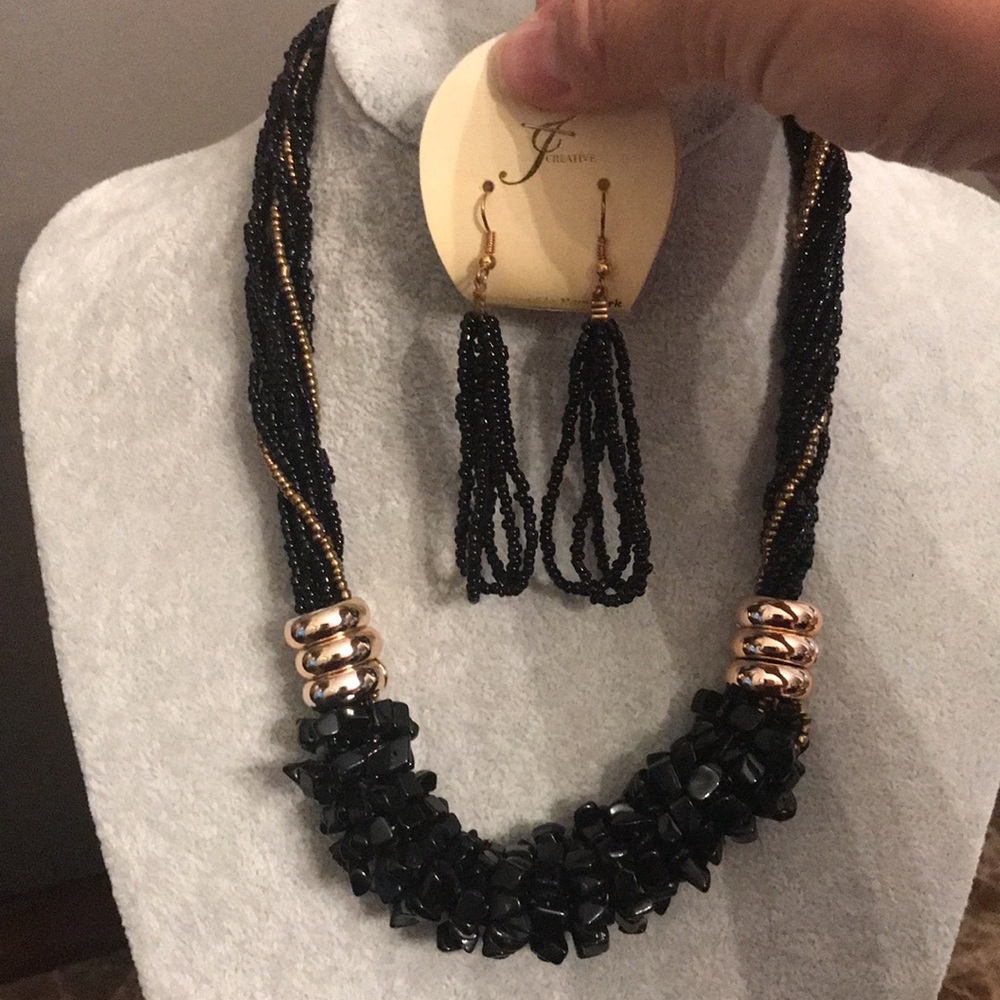 🆕 Black and Gold beaded necklace with matching earrings.